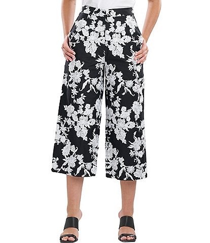 Natori Tangier Embroidered Floral Cotton Wide-Leg Pocketed Cropped Pants