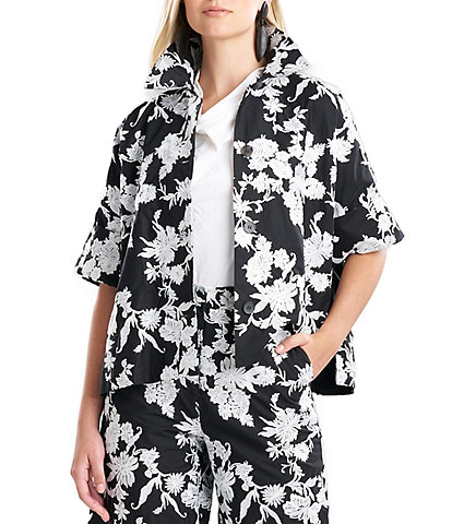 Natori Tangier Embroidered Floral Stand Collar Elbow Sleeve Button-Front Jacket