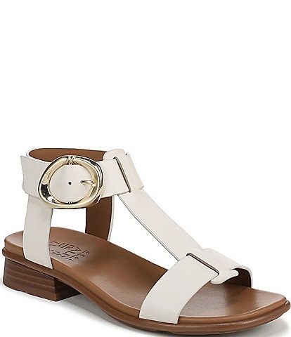 Naturalizer Brandy Leather Big Buckle Hardware T-Strap Ankle Wrap Sandals