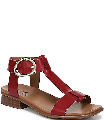 Naturalizer Brandy Leather Big Buckle Hardware T-Strap Ankle Wrap Sandals