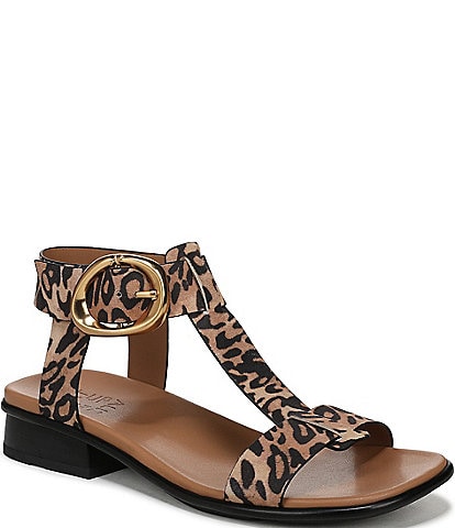 Naturalizer Brandy Leopard Print Suede Big Buckle Hardware T-Strap Ankle Wrap Sandals