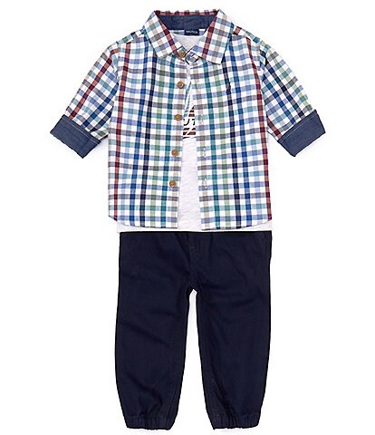 Nautica Baby Boys 12-24 Months Long Sleeve Checked Button-Up Woven Shirt, Short Sleeve Knit Tee & Twill Jogger Pants Set