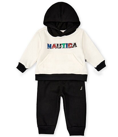 Nautica Baby Boys 12-24 Months Long Sleeve Logo Detailed Color Block Fleece Hoodie & Matching Solid Fleece Jogger Pant Set