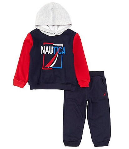 Nautica Baby Boys 12-24 Months Long Sleeve Logo Detailed Color Block Fleece Hoodie & Solid Fleece Jogger Pant Set