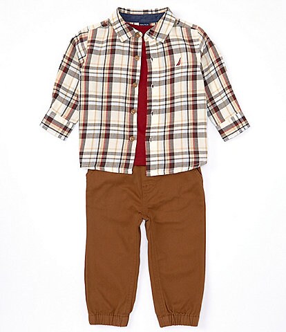 Nautica Baby Boys 12-24 Months Long Sleeve Plaid Button-Up Woven Shirt, Short Sleeve Knit Red T-Shirt & Twill Jogger Pants Set