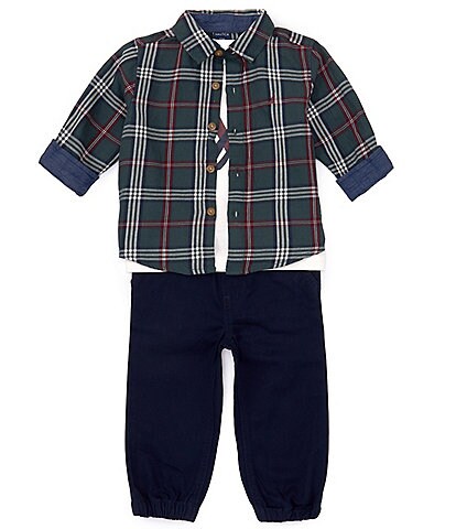 Nautica Baby Boys 12-24 Months Long Sleeve Multi Plaid Button-Up Woven Shirt, Short Sleeve Knit T-Shirt & Twill Jogger Pants Set