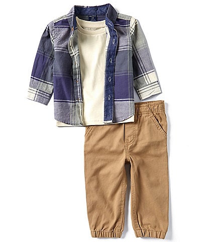 Nautica Baby Boys 12-24 Months Long Sleeve Plaid Woven Shirt, Short-Sleeve Knit T-Shirt & Solid Twill Jogger Pants Set