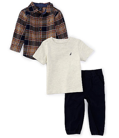 Nautica Baby Boys 12-24 Months Long Sleeve Plaid Woven Shirt, Short Sleeve Knit T-Shirt & Twill Jogger Pant Set