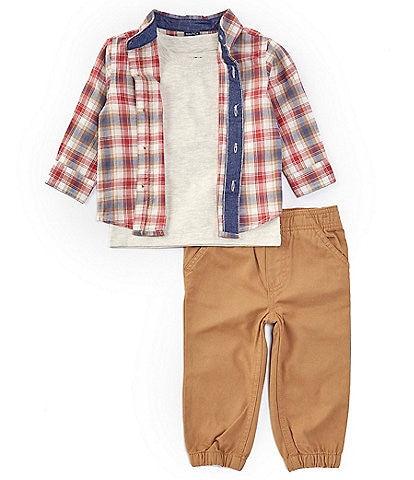 Nautica Baby Boys 12-24 Months Long Sleeve Plaid Woven Shirt, Short Sleeve T-Shirt & Twill Jogger Pants Set