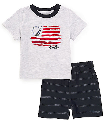 Nautica Baby Boys 12-24 Months Short-Sleeve Flag/Logo Graphic Jersey T-Shirt & Yarn-Dyed-Striped Oxford Shorts Set