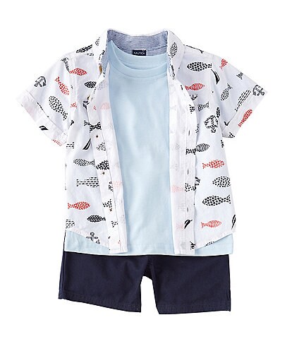 Nautica Baby Boys 12-24 Months Short Sleeve Printed Button Front Shirt, Short Sleeve Logo Jersey Tee, & Twill Shorts Set