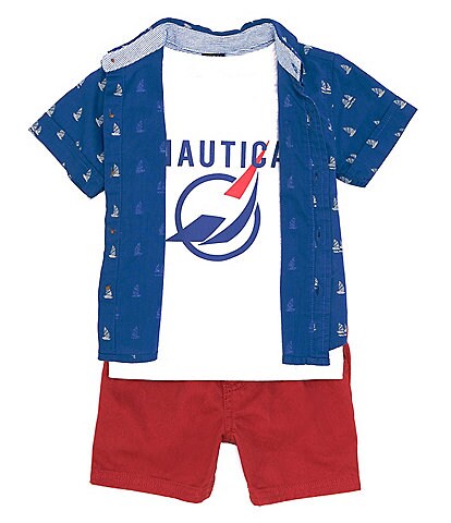Nautica Baby Boys 12-24 Months Short Sleeve Printed Button Front Shirt, Short Sleeve Logo Jersey Tee, & Twill Shorts Set