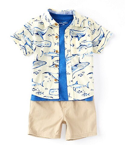 Nautica Baby Boys 12-24 Months Short Sleeve Printed Button Front Shirt, Solid Tee, & Short Set