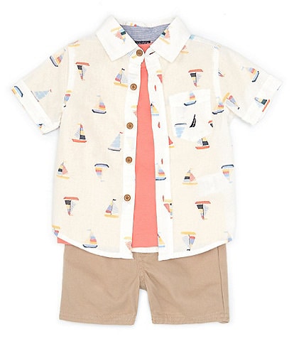 Nautica Baby Boys 12-24 Months Short Sleeve Printed Poplin Shirt, Short Sleeve Solid Knit T-Shirt & Solid Woven Shorts Set