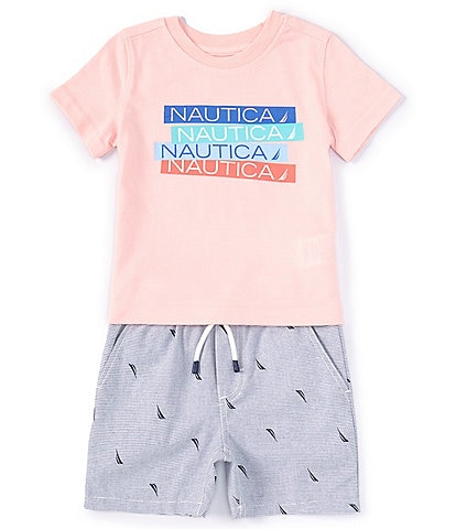 Nautica Baby Boys 12-24 Months Short Sleeve Repeating Logo Jersey T-Shirt & Striped/Icon Logo Woven Shorts Set