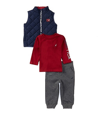 Nautica Baby Boys 12-24 Months Sleeveless Diamond-Quilted Puffer Vest, Long-Sleeve Logo Knit T-Shirt & Fleece Jogger Pant Set