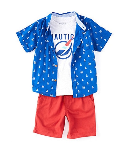 Nautica Little Boys 2T-4T Short-Sleeve Printed Button Down Shirt, Short-Sleeve Logo Graphic Tee, & Twill Shorts Set