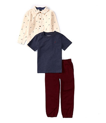 Nautica Little Boys 2T-7 Long Sleeve Icon-Logo Woven Overshirt, Short Sleeve Solid Knit T-Shirt & Solid Woven Jogger Pant Set