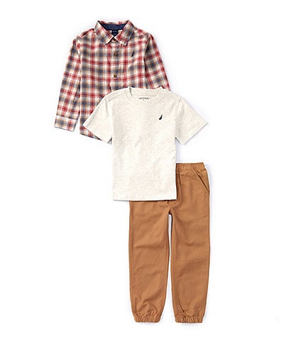 Nautica Little Boys 2T-7 Long-Sleeve Plaid Woven Shirt, Short Sleeve Jersey T-Shirt & Solid Twill Jogger Pant Set