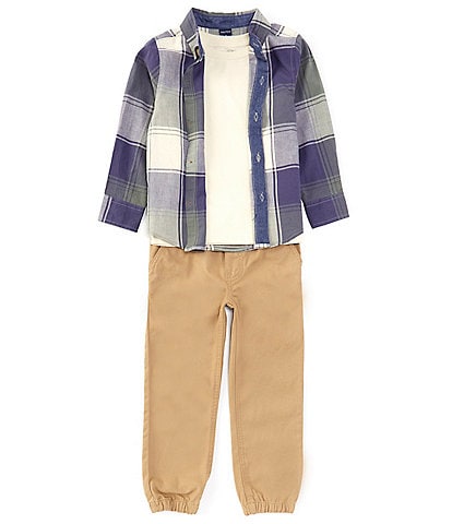 Nautica Little Boys 2T-7 Long-Sleeve Plaid Woven Shirt, Solid Short-Sleeve T-Shirt & Solid Jogger Pant Set