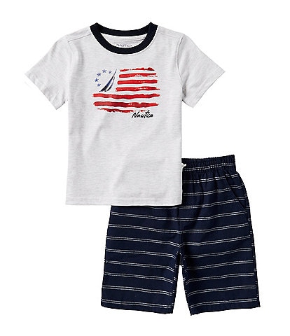 Nautica Little Boys 2T-7 Short Sleeve Heathered Jersey T-Shirt With YD Stripe Oxford Shorts 2-Piece Set