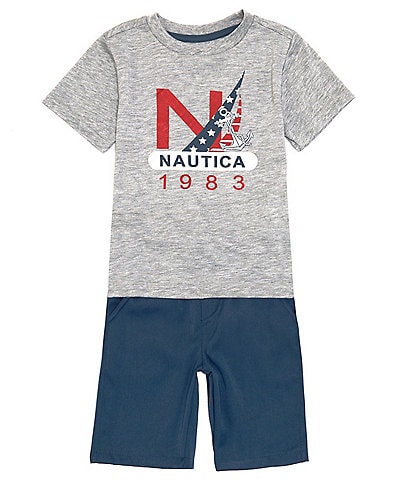 Nautica Little Boys 2T-7 Short Sleeve Logo Graphic Jersey Tee & Twill Shorts Set