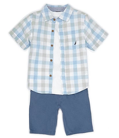 Nautica Little Boys 2T-7 Short Sleeve Plaid Woven Shirt, Solid Short Sleeve Jersey T-Shirt & Solid Woven Shorts Set