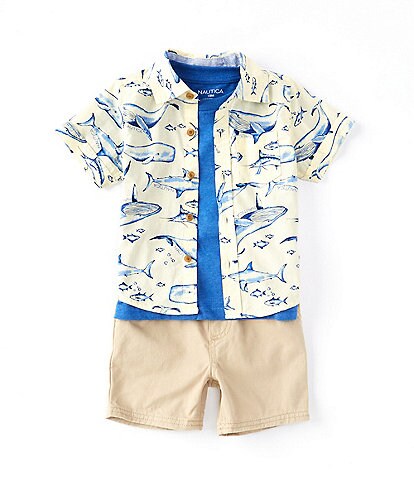 Nautica Little Boys 2T-7 Short Sleeve Printed Button Front Shirt, Solid Tee, & Twill Short Set