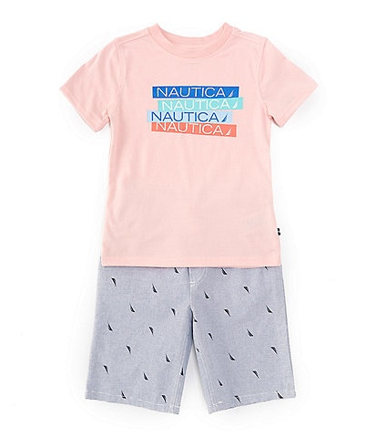Nautica Little Boys 2T-7 Short Sleeve Repeating-Logo Jersey T-Shirt & Striped/Icon-Detailed-Patterned Woven Shorts Set