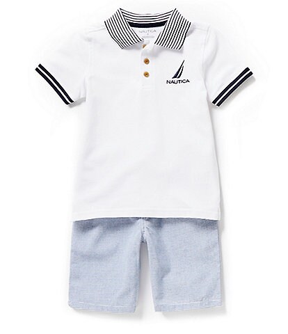 Nautica Little Boys 2T-7 Short Sleeve Striped Collar Pique Polo Shirt & Striped Oxford Shorts Set