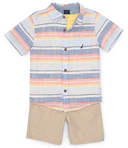 Nautica Little Boys 2T-7 Short Sleeve Striped Woven Shirt, Solid Short Sleeve Jersey T-Shirt, & Solid Woven Shorts Set