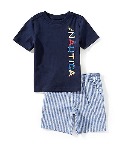 Nautica Little Boys 2T-7 Short-Sleeve Vertical-Logo T-Shirt & Pinstriped Shorts Set