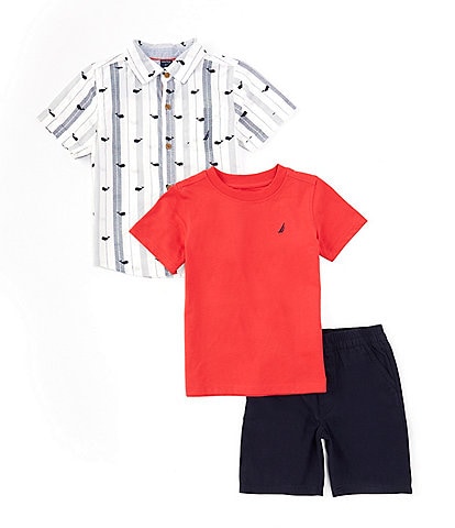 Nautica Little Boys 2T-7 Short Sleeve Woven Button-Up, Jersey Tee, & Twill Short Three Piece Set