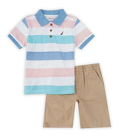 Nautica Little Boys 4-7 Short-Sleeve Wide-Striped Jersey Polo Shirt & Sold Twill Shorts Set