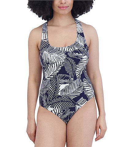 Nautica Printed Square Neck Strappy Back One Piece Swimsuit