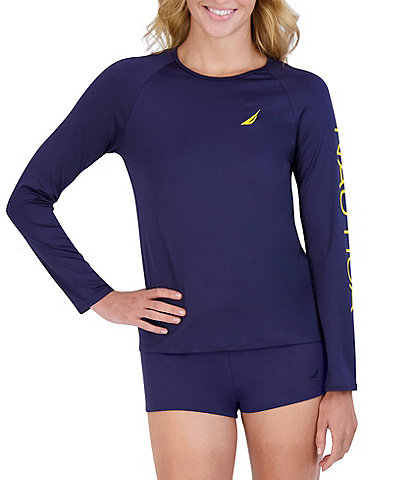 Nautica Solid Crew Neck Long Sleeve Fitted Rash Guard Swim Cover-Up