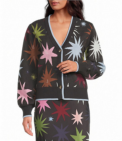 Never Fully Dressed Black Star Printed V-Neck Long Sleeve Button Front Cardigan