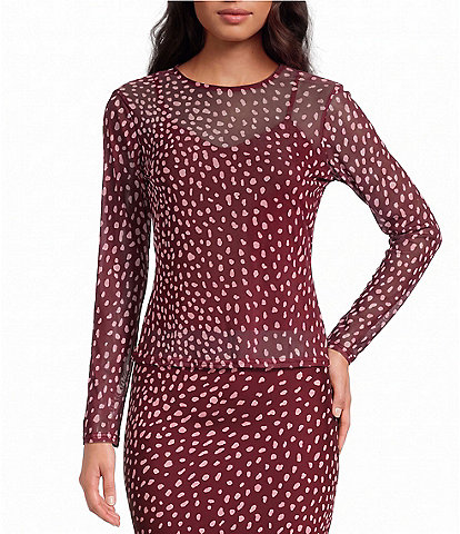 Never Fully Dressed Burgundy Deer Printed Round Neck Long Sleeve Mesh Coordinating Top
