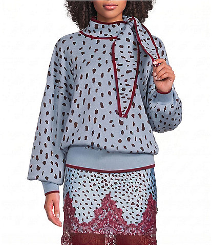 Never Fully Dressed Deer Print Scarf Mock Neck Long Sleeve Sweater