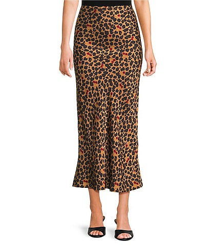 Never Fully Dressed Dorris Satin Leopard Print Cherry Motif Maxi Skirt