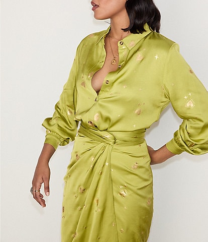 Never Fully Dressed Gabbie Lime Hearts Satin Point Collar Neck Long Sleeve Button Front Top