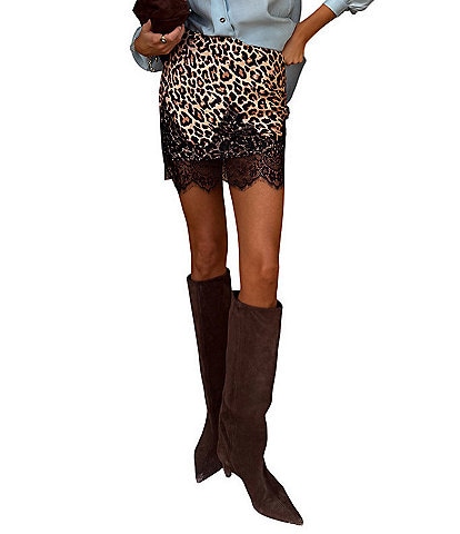 Never Fully Dressed Maeva Leopard Printed Lace Hem Mini Skirt