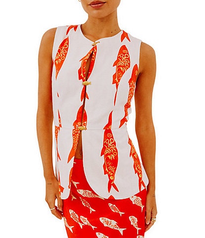 Never Fully Dressed Marina Fish Print Crew Neck Sleeveless Waistcoat