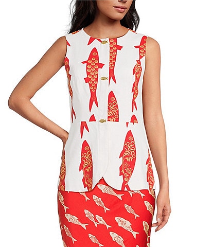 Never Fully Dressed Marina Fish Print Crew Neck Sleeveless Coordinating Waistcoat