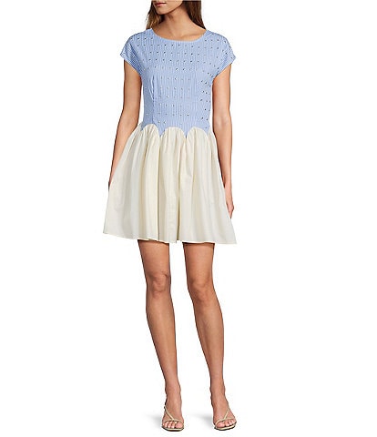 Never Fully Dressed Monika Stripe Print Studded Crew Neck Scallop Edging Mini Dress
