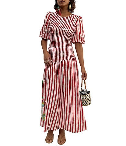 Never Fully Dressed Nara Stripe Print Crew Neck Short Puff Sleeves Maxi Dress