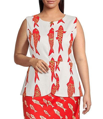 Never Fully Dressed Plus Marina Fish Print Crew Neck Sleeveless Waistcoat