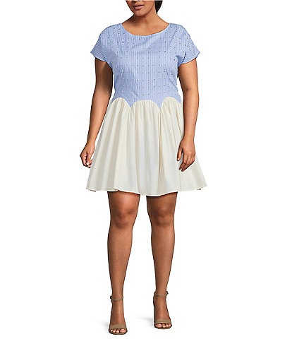 Never Fully Dressed Plus Monika Stripe Print Studded Crew Neck Scallop Edging Mini Dress