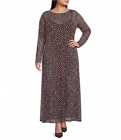 Never Fully Dressed Plus Size Aria Chocolate Deer Print Round Neck Long Sleeve Mesh Maxi Dress