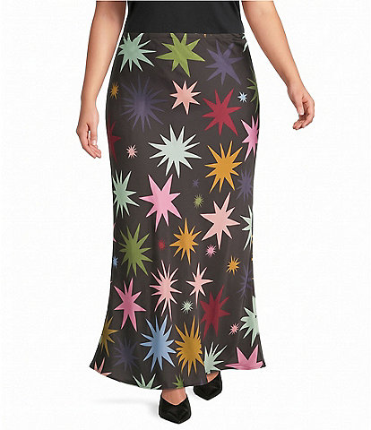 Never Fully Dressed Plus Size Black Star Printed Dorris Satin Maxi Skirt